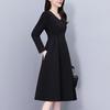 Elegant Black V-Neck Plus-Size Long-Sleeve Dress for Spring and Autumn