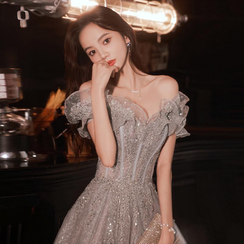 One-word Shoulder Evening Dress 1011 Summer New Elegant Long Temperament Banquet Host Student Art Exam Evening Dress