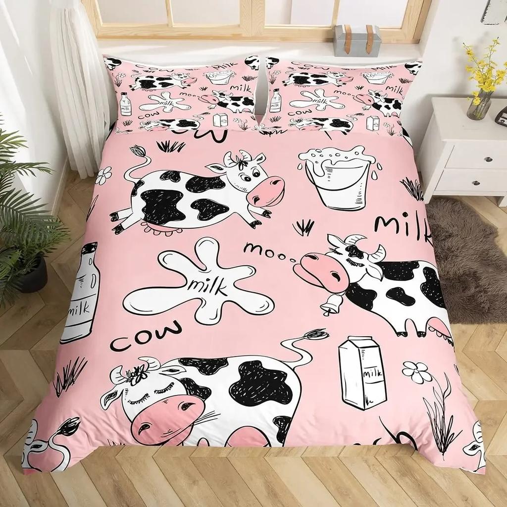 Cows Duvet Cover Set Black and White Milk Cow Print Comforter Cover Animal Theme Bedding Set Room Decor Pink King Quilt Covers