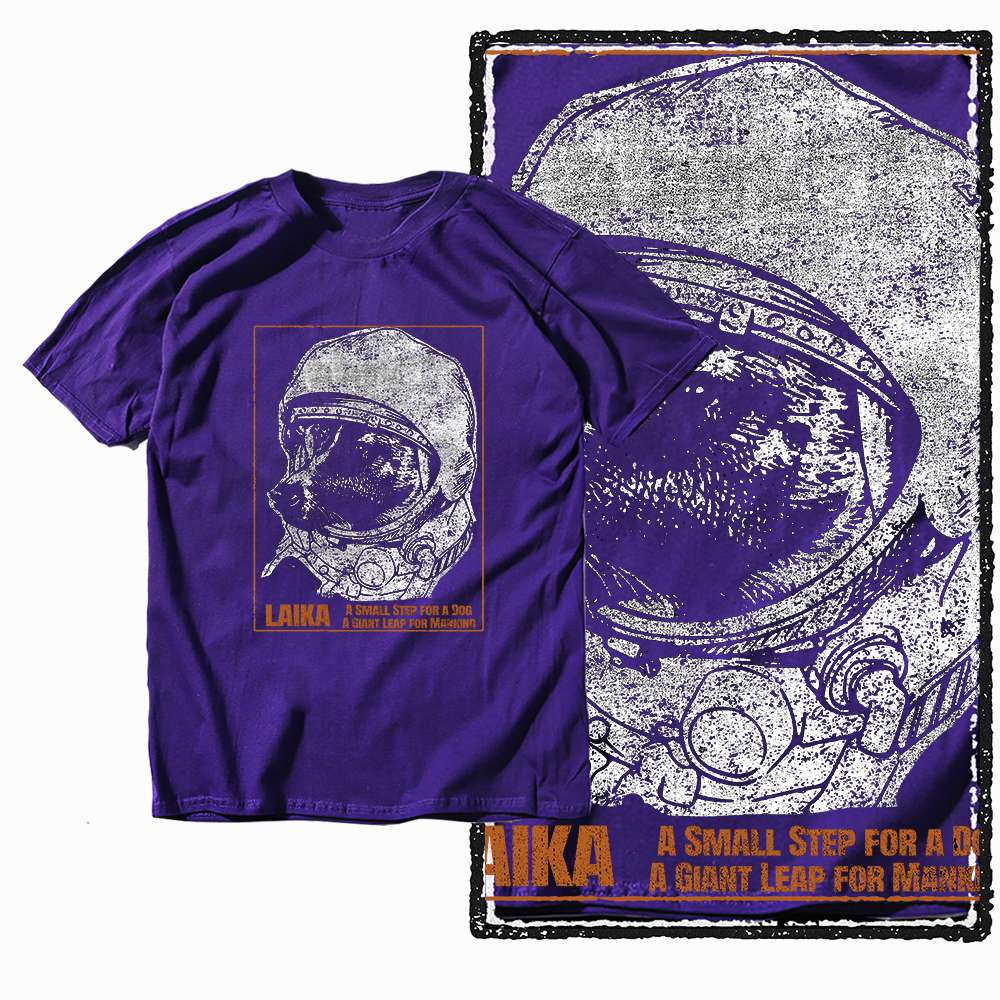 G60 Purple Cotton Men's Big Size Dog Laika GraphicT-shirt | Streetwear Cool Vintage O-neck men's Tee Tshirt