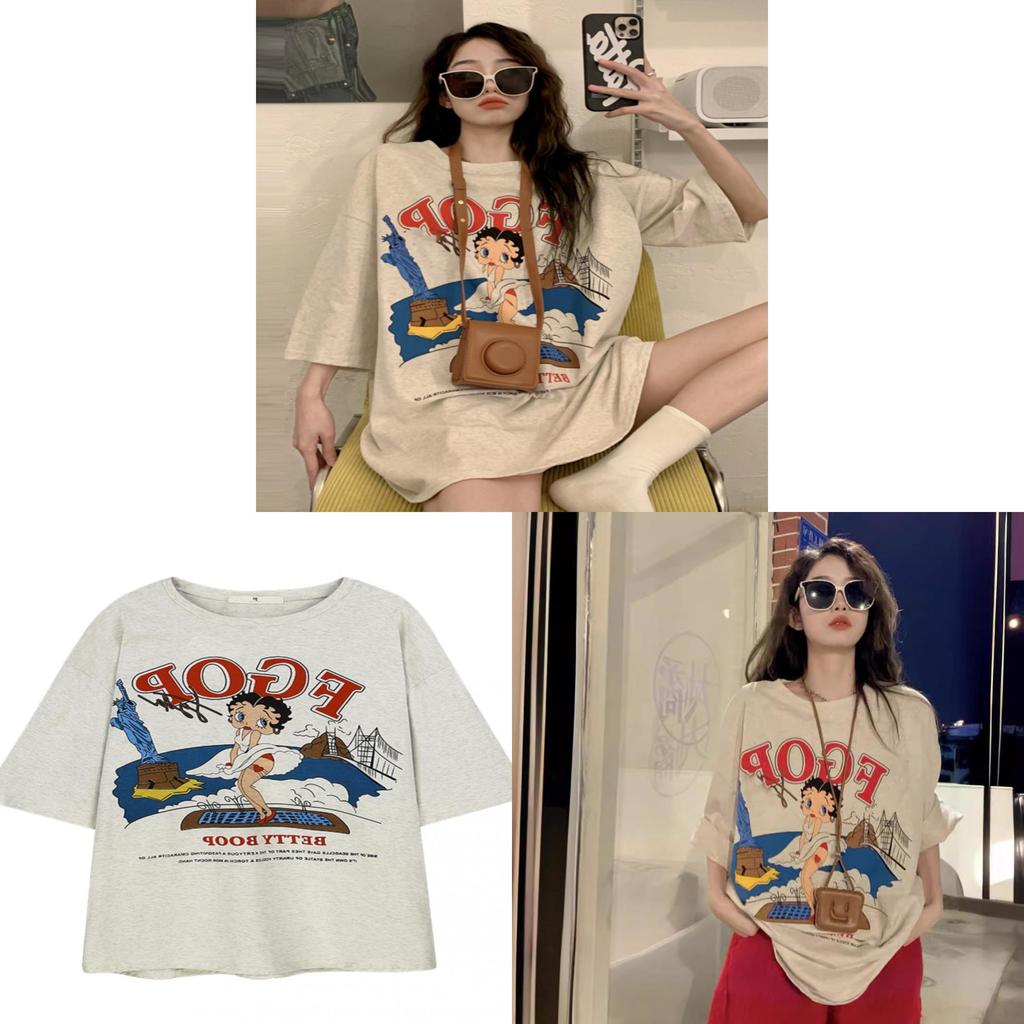 Vintage American Style T Shirt For Women With Cotton Material And Cartoon Print For Summer Casual Wear