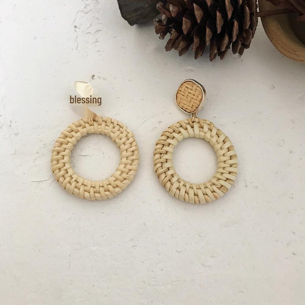Rattan Diamant Geometrische Stroh Anhänger Ohrringe für Frauen
