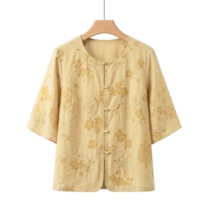 Yuzhaolin Women's New Chinese Style Embroidered Five-Sleeve Shirt