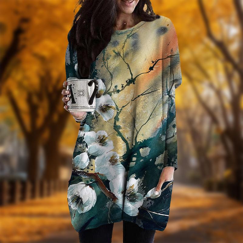 

Новинка осени Китайская живопись Цветок сливы Принт Плюс Размер Платье Женское O-образный вырез Длинные рукава Повседневные Карманные Платья 8XL оранжевый