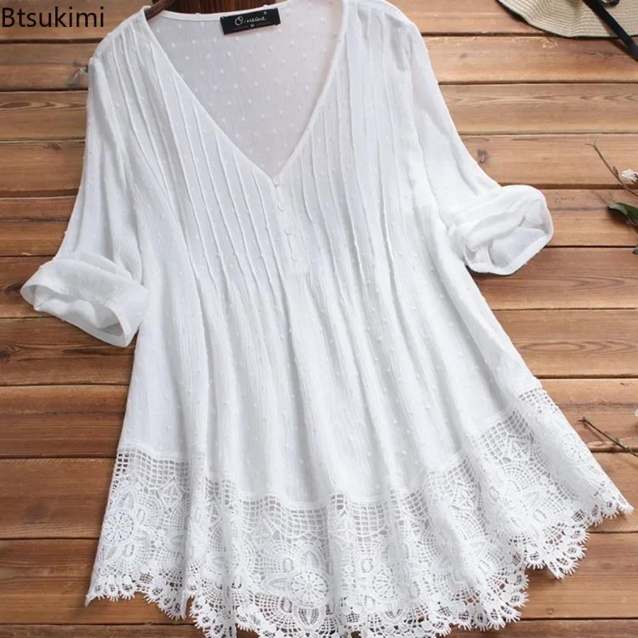 Women's Cotton Linen Blouse Tops Fashion Lace Hollow Out V-neck Shirt Ladies Retro 3/4 Sleeve Loose Casual Tops Plus Size