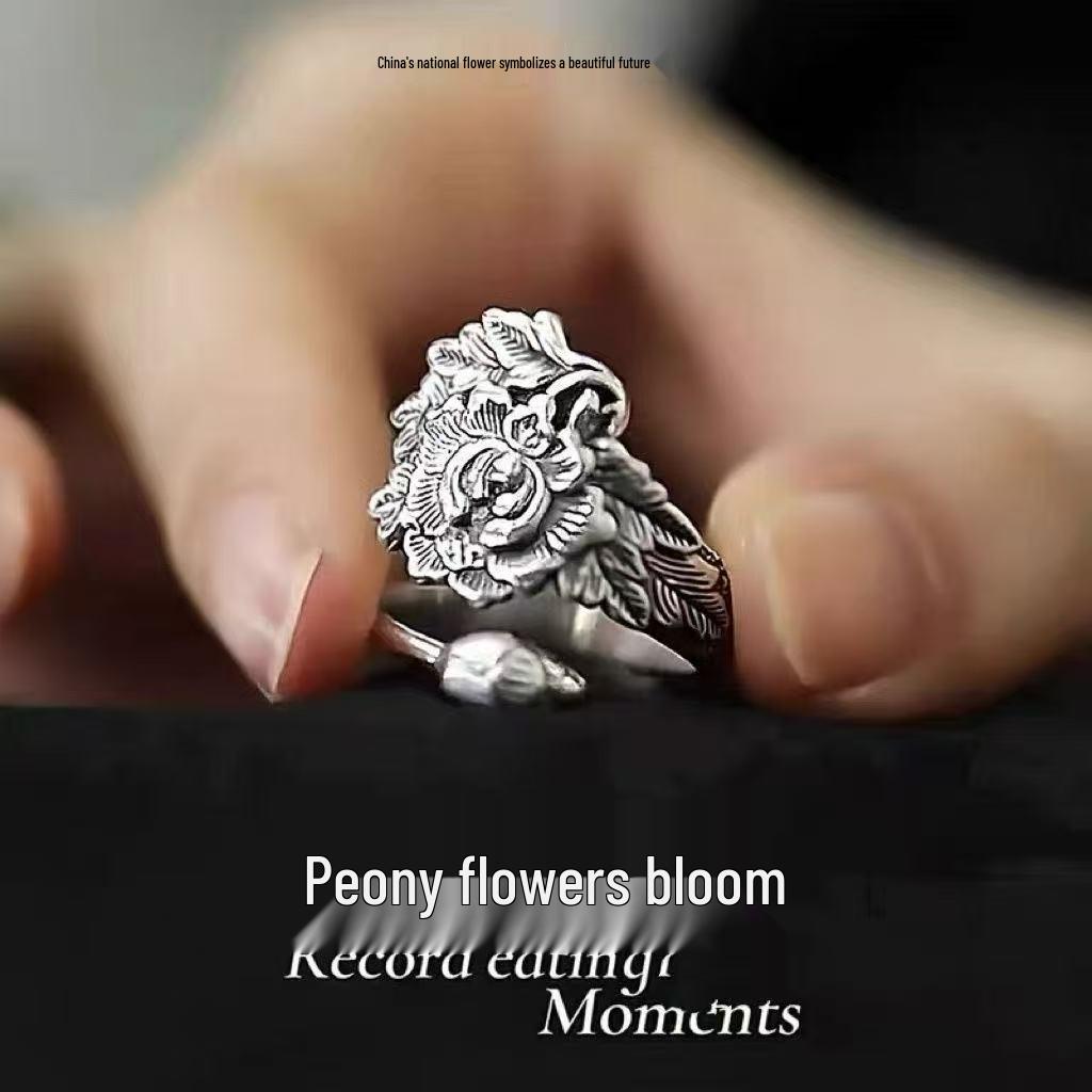 Retro Ethnic Peony Floral Wide Band Women's Ring - Exaggerated Ancient Style and Heavenly Fragrance-Inspired Design