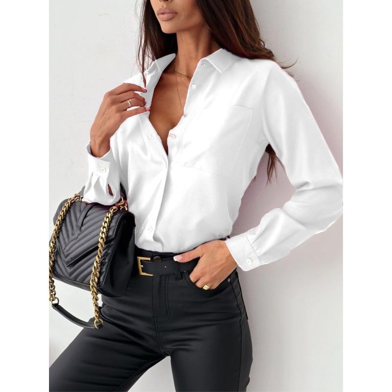 BITCED Women's Fashion Casual Solid Color Print Long Sleeve POLO Neck Blouses & Shirts Unique Design