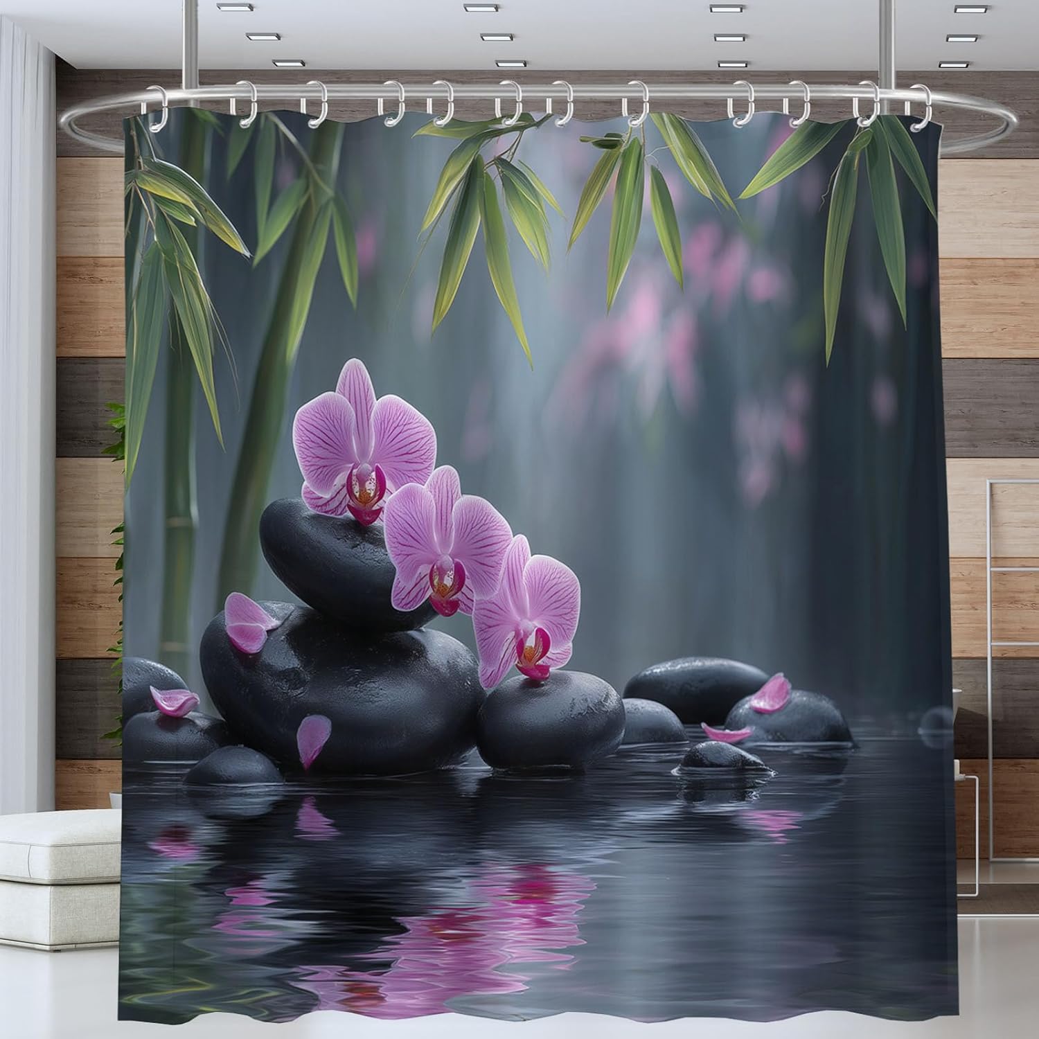 

Bamboo Flowers And Flowing Water Shower Curtains Waterproof Zen Style Bath Curtain For Bathroom Quick-Drying Kitchen Curtains W60H190(CM)-1 Pcs