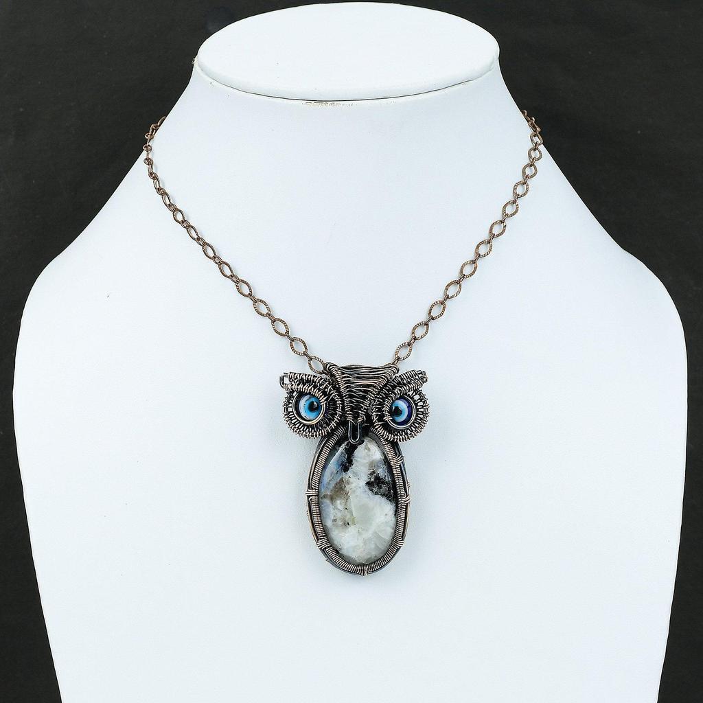 Regenbogenmondstein Anhänger Kupferdraht umwickelter Anhänger Handgefertigter Schmuck Blaue Farbe Böser Blick Anhänger Eulenanhänger Edelstein Kupferschmuck Geschenk