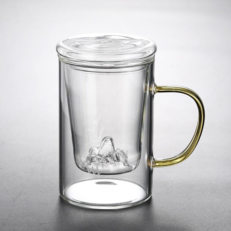 Teetasse mit großer Kapazität, Tee-Wasser-Trennung, Bambus- und Holzdeckel, Trinkbecher aus Borosilikatglas, Kreative Tasse für den Bürogebrauch, Bergblick-Tasse 500ml glass cover (yellow handle)