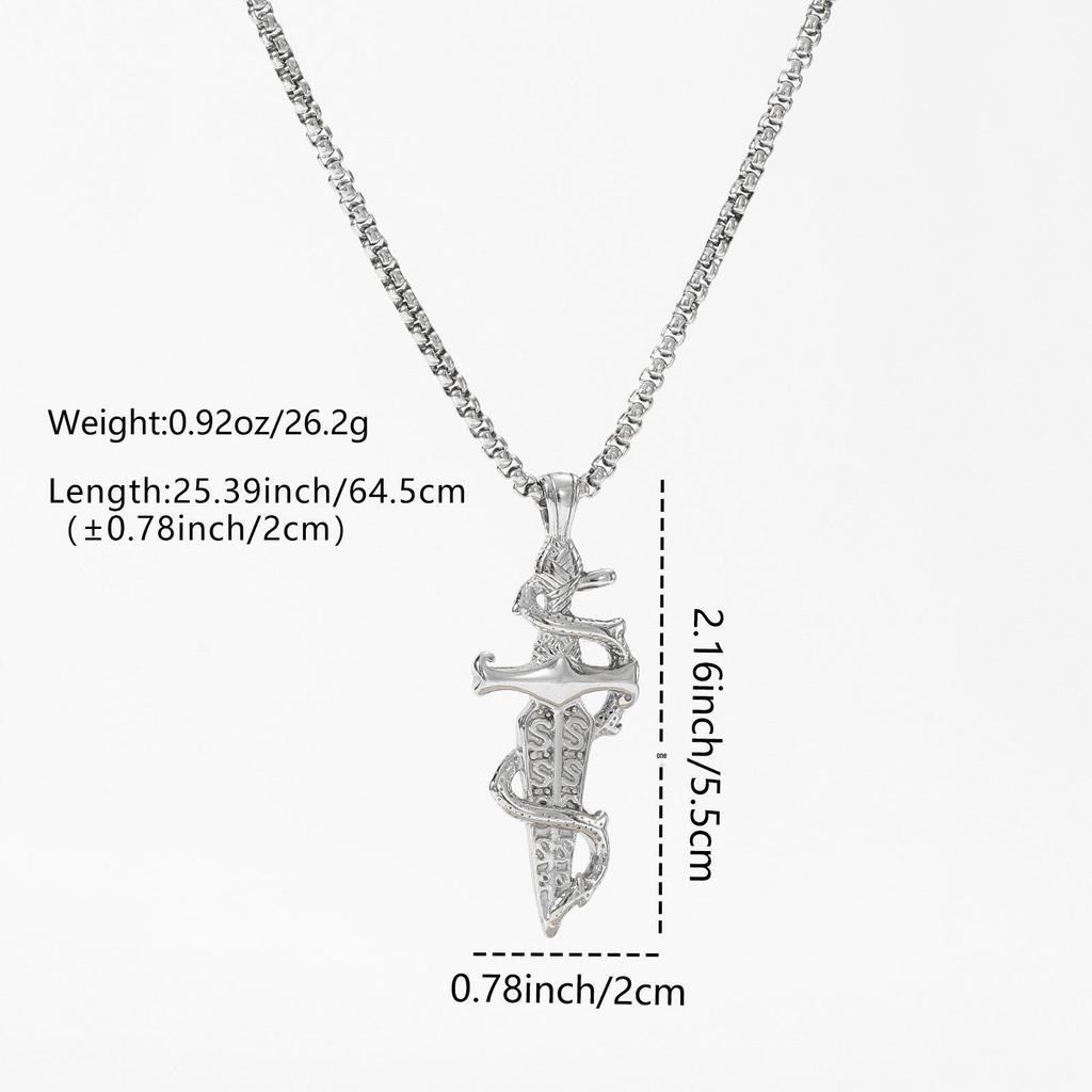 Silver 304 Stainless Steel Square Bead Necklace with Coiled Snake and Sword Design - Men's Retro Choker