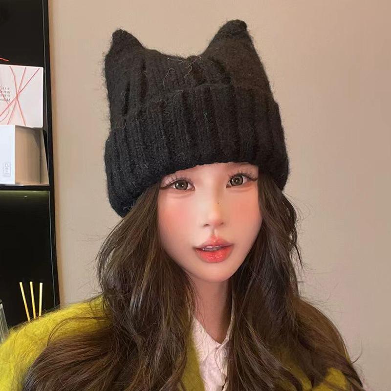 Cartoon Knitted Hat for Women Korean Style Solid Color Fashionable Versatile Wool Hat Outdoor Windproof and Warm Pull Out Hat for Men