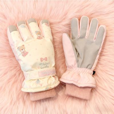 Beige niedlicher Bär Skihandschuhe Damen Winter Koreanisch Warm Samt Verdickt Outdoor Winddicht und Kälte Radfahren