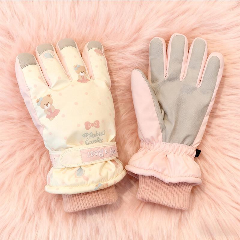 

Beige cute bear ski gloves women s winter Korean warm velvet thickened outdoor windproof and cold cycling One size fits all