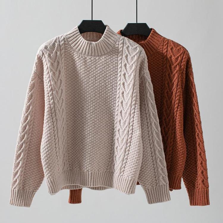 Vintage Loose Stand Collar Knitwear Sweater Long Sleeve Solid Color Pullover Top for Autumn Winter