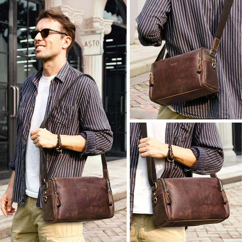 Echtes Leder Männer Vintage Umhängetasche Strap Sling Mehrere Mezzanine Große Kapazität Schulter Tasche Crazy Horse Leder Messenger Taschen
