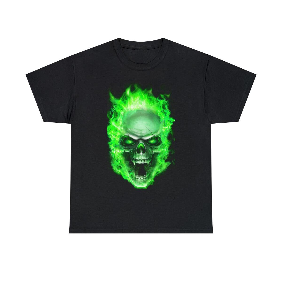 Flaming Demon Skull Green Short Sleeve Tee XL