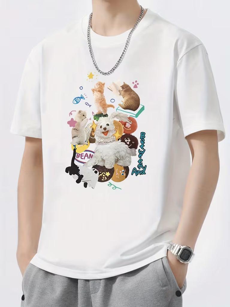 Unisex Casual Tee Cat Dog Collage Print Oversized Crew Neck Fun Pets And Donuts Graphic Short Sleeve Shirt For Daily Wear