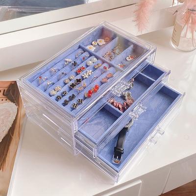 Transparent Acrylic Jewelry Box Storage Velvet Drawer Jewelry Boxes Organizer Women Ring Necklace Bracelet Earrings Display Gift