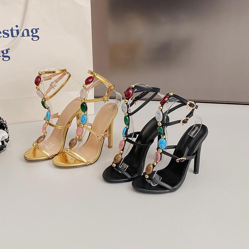 Fashion Fashion Summer Colored Gemstone Narrow Band Women Sandals Elegant Stiletto High Heels Gladiator Sandals Female Party Prom Shoes