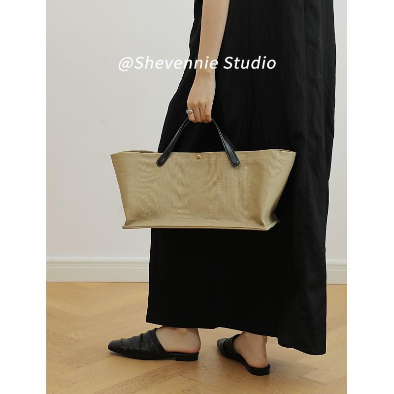 

Korean Canvas & Leather Tote - Large Casual Commuter Shopper Bag for Women хакі