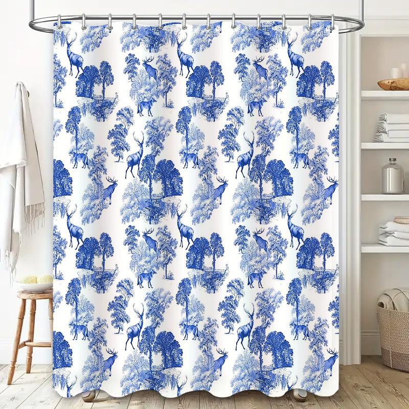 Hjort Skog Duschdraperi Vintage Blå Botanisk Natur Tematisk Bakgrund Tvättrum Dekor Gård Rustika Badrumstillbehör