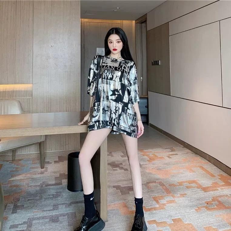 Women's Spring Sparkling T-shirt New Trendy Brand Medium Long Loose BF Short Sleeve T-shirt