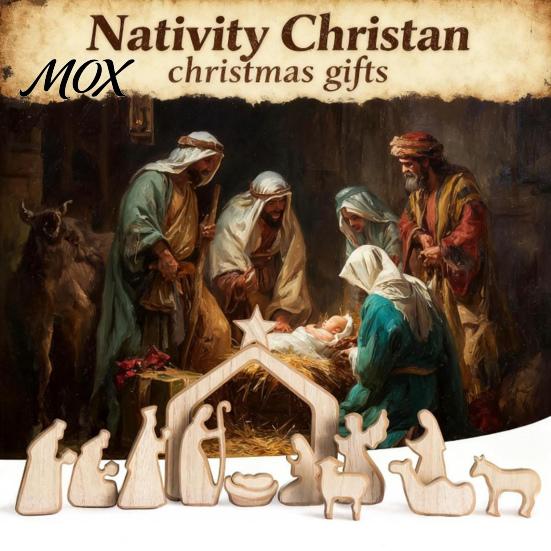Tabletop Nativity Display Christmas Table Decorations, Wooden Scene Sculpture, Stable Baby Decorations Saint And Animal Figurines for Holiday