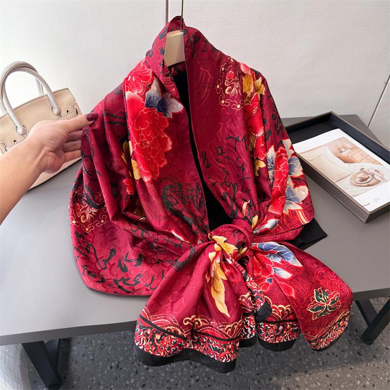 Peony Fenghua Printed Fragrant Cloud Yarn Spring And Summer Silk Scarf Large Long Scarf Travel Shawl Sunscreen Women'S Scarf Headscarf