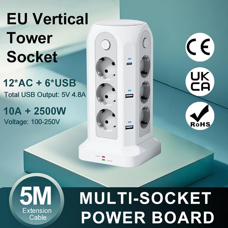 18 IN 1 Multi-socket Power Strip with 12 Outlet 4 USB 2 Type C 4 Switches Tower Socket Surge Protection 5M Extension Cord