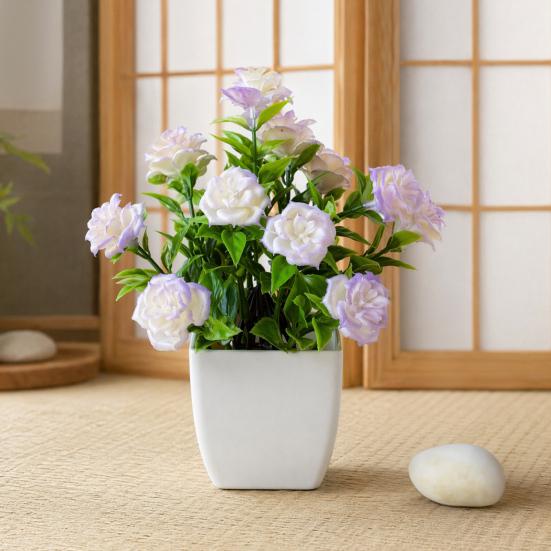 Compact Decorative Plant Artificial Eucalyptus Potted Plant, Lifelike Faux Greenery with Purple/White Flowers & Verdant Leaves, UV-Resistant