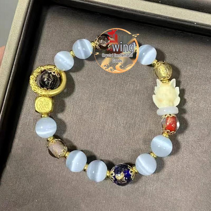 White Cat s Eye Nine-Tailed Fox Gold Foil Bracelet with Porcelain Glaze Accents