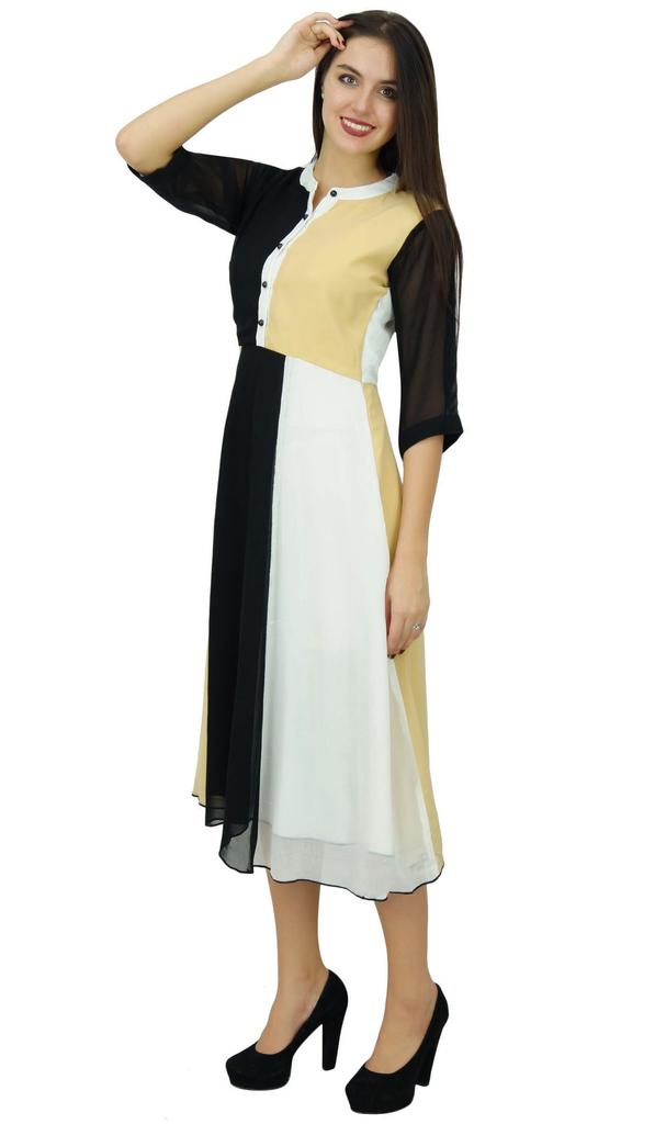 Bimba Womens Classic Mandarin Collar Shift TriColor Midi Summer Chic Dresses