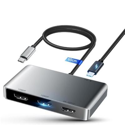 Avedio links USB C naar HDMI Adapter, 4K@60Hz HDMI Splitter met Uitgebreide Modus (MST/ABCD), 100W PD Laadpoort, 4-Scherm Display Hub, 3-Poorts Uitgang, 4