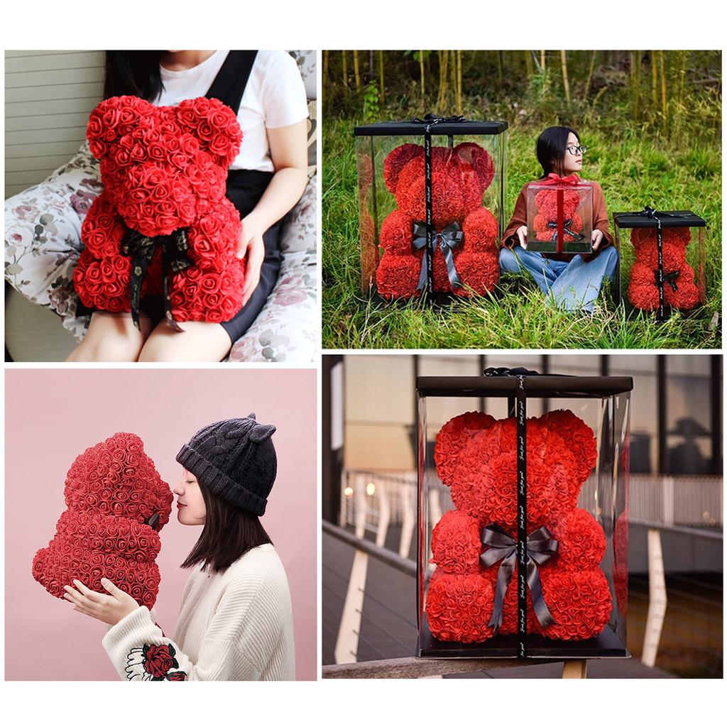 9.8in Artificial Cute Bear Rose Flower for Wedding Anniversary Including Transparent Gift Box Red