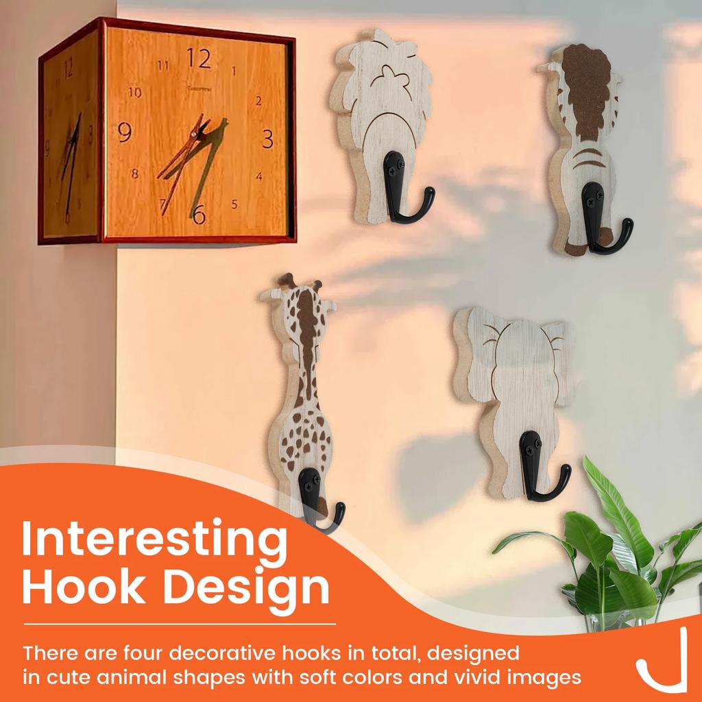 4 Pcs Cartoon animals Wood Decorative Wall Hook Creative Kids Wall Hook Practical Cute Towel Hanger for Home Bathroom Bedroom