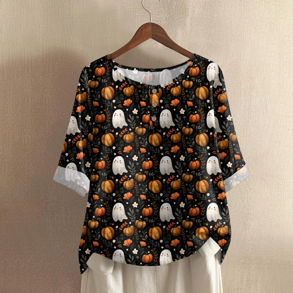 Damska codzienna bluzka z bawełny i lnu z nadrukiem Halloween z okrągłym dekoltem i rękawem 3/4