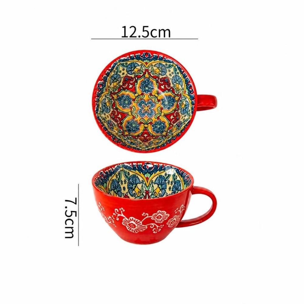 15oz Capacity Boho Ceramic Cup Hand Painted Heat Resistant Ethnic Style Ceramic Mug Microwave Safe Ceramic Milk Coffee Mug