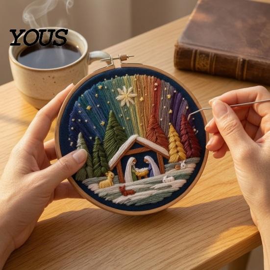 Polyester Embroidery Fabric Nativity DIY Kit, Manger Scene Hand Patterns Christian Needlepoint Craft Kit for Beginners, Religious Home Decoration