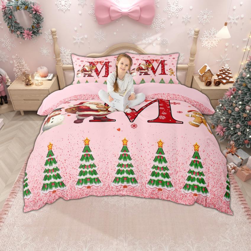 Homewish Xmas Monogrammed Duvet Cover Set For Boys Girls Christmas Santa Claus Bedding Set Girls Pink Snowflakes Quilt Cover