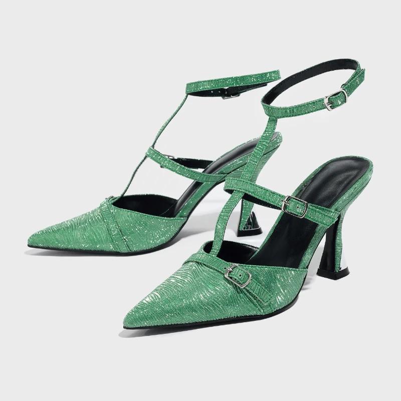 Fashion Green Narrow Band Brand Designer Sandals Women Fashion Pointed Toe Buckle T Strap High Heeled Sandals Elegant Banquet Dress Shoe