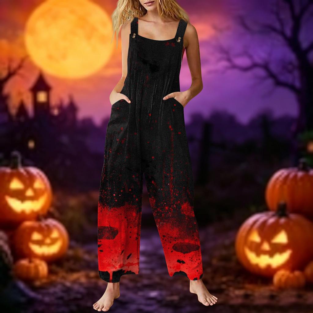 Women's Sleeveless Jumpsuit Cotton Halloween Ghost Print Casual Loose Fit Overall Pants with Pockets Adjustable Straps