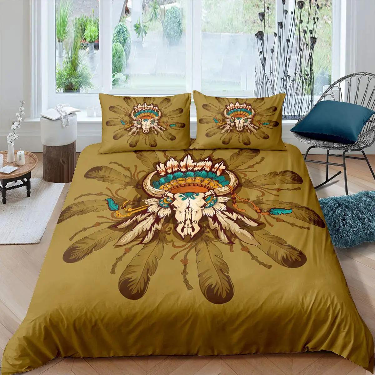 

Comforter Cow Skull Queen Sunflower Cattle/Bull Skeleton Bedding Set Botanical Floral Leaves Boho Tribal Polyester Comforter (quilt)-EU Single(135*200cm)3pcs