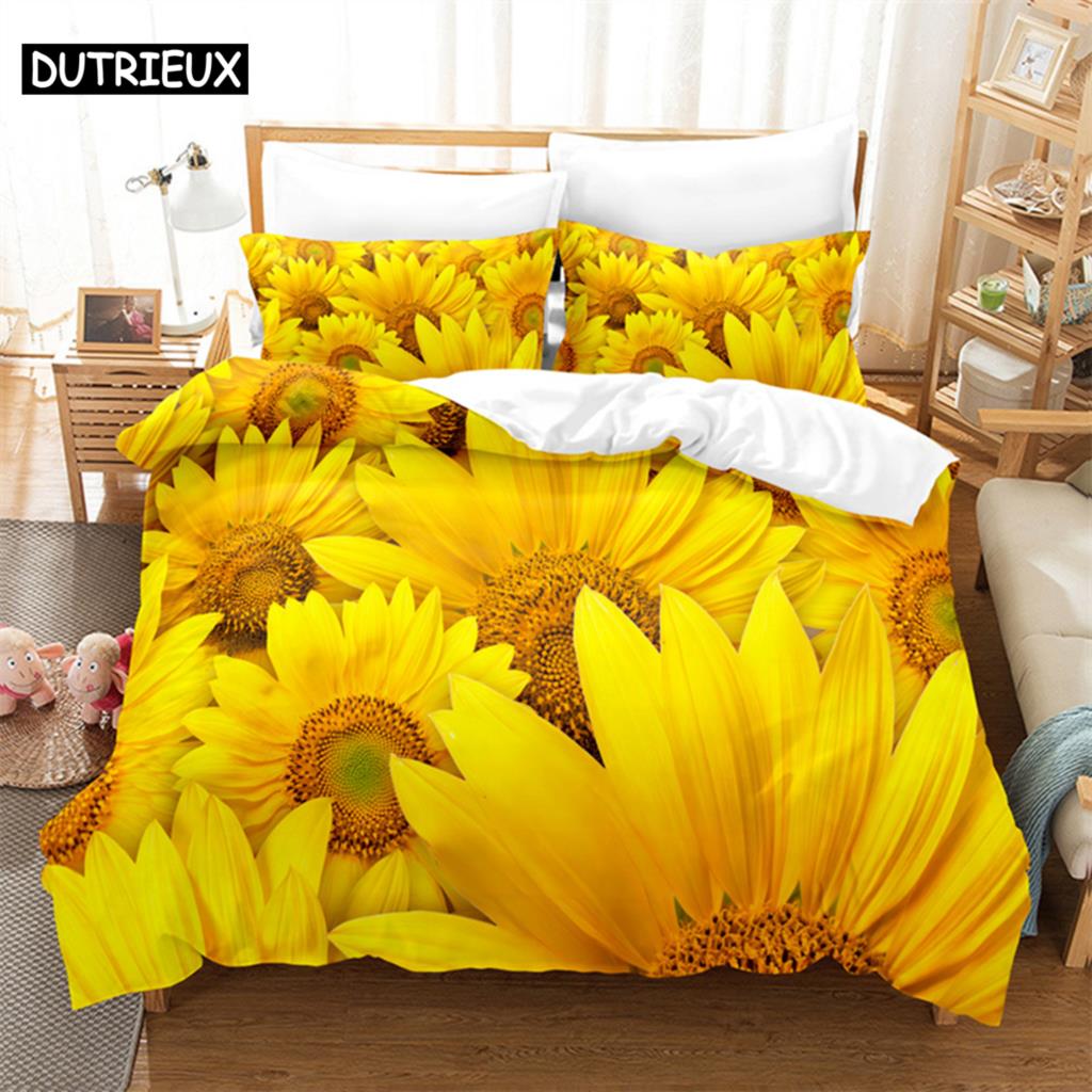 Floral Quilt Cover Queen Size Sunflower Duvet Cover 3D Bedding Set 3Pcs 2Pcs With Pillowcase King Full Twin Single Double Beds