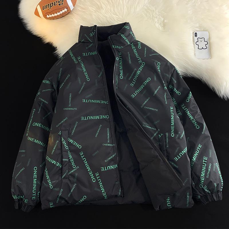 Double-sided Down Cotton-padded Clothes for Men, Winter Couples, Stand-up Collar Thickened Wave Warm Bread Clothes, Loose Coat for Men