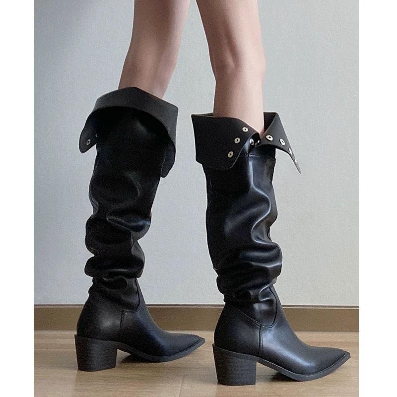 2025 autumn European and American style pointed head rivet buckle thick heel two through knee boots