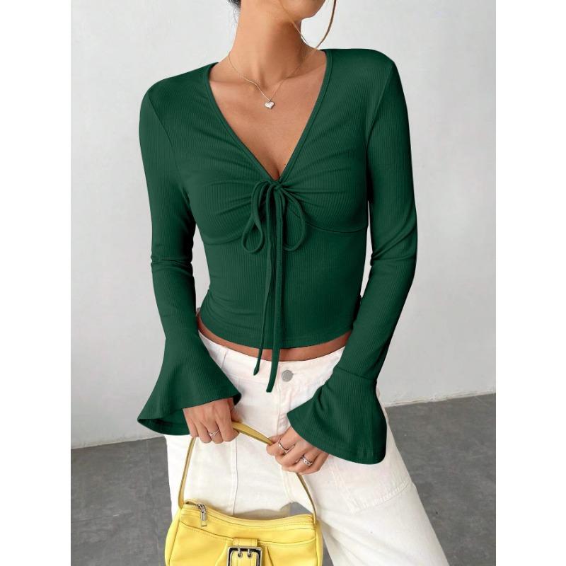 Women S Long Sleeve V Neck Flared Cuff Pullover T Shirt