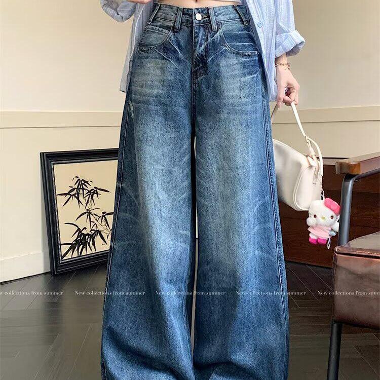 American Retro Wide-Leg Jeans for Women - Plus Size, Korean Style, Loose Fit, Floor-Length Pants for Autumn and Winter
