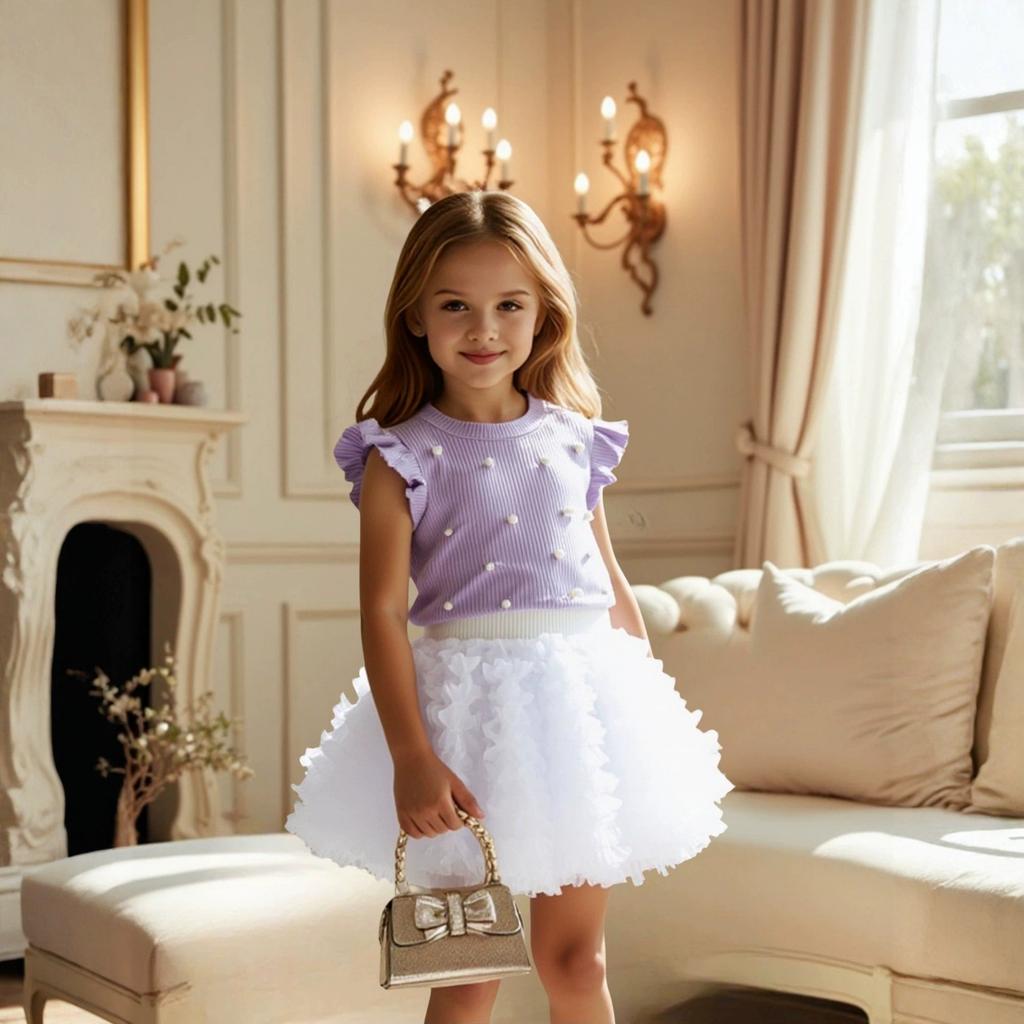 Girls' Beaded Sleeve T-Shirt Princess Dress - Puffy Versatile Skirt