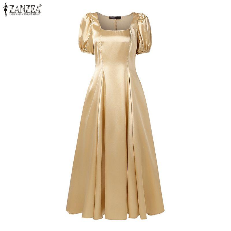 ZANZEA Women Casual Square Collar Summer Short Sleeve Party Long Dress